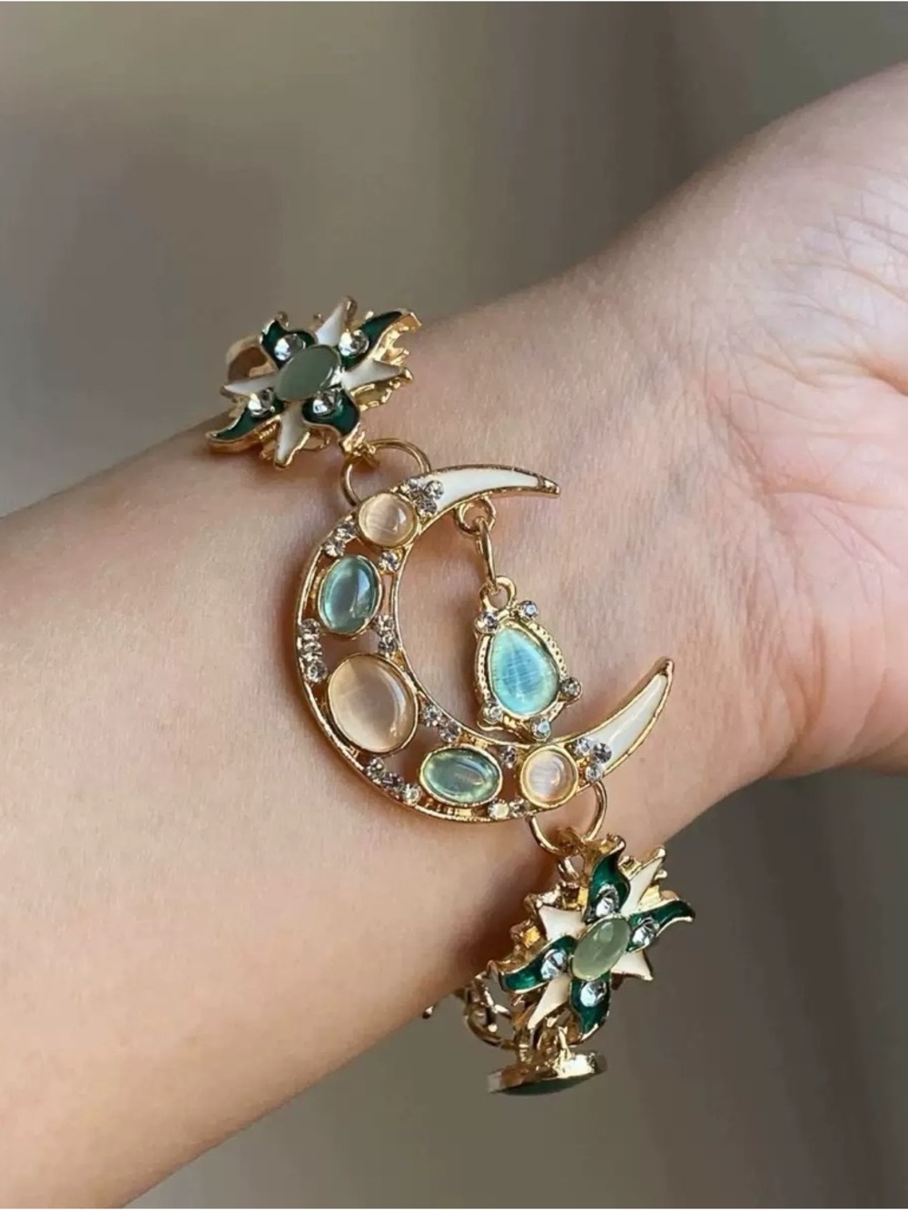 Gold Moon & Green Gemstone Bracelet - Fashion Women’s Bracelet